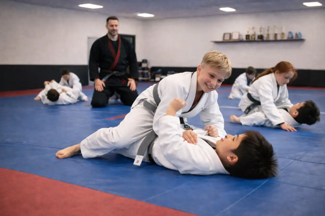 Kids learning grappling and ground work as part of the karate curriculum in Hewitt, TX
