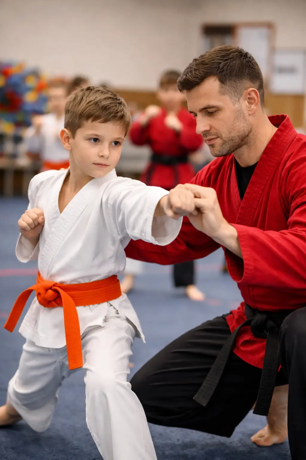 Karate instructor helping student improve focus and discipline during kids class in Waco TX