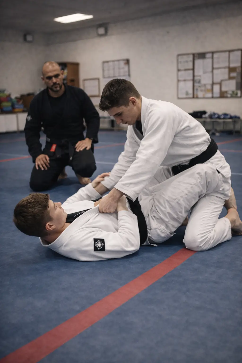 Teen Brazilian Jiu Jitsu students drilling guard pass technique with instructor coaching in Waco TX